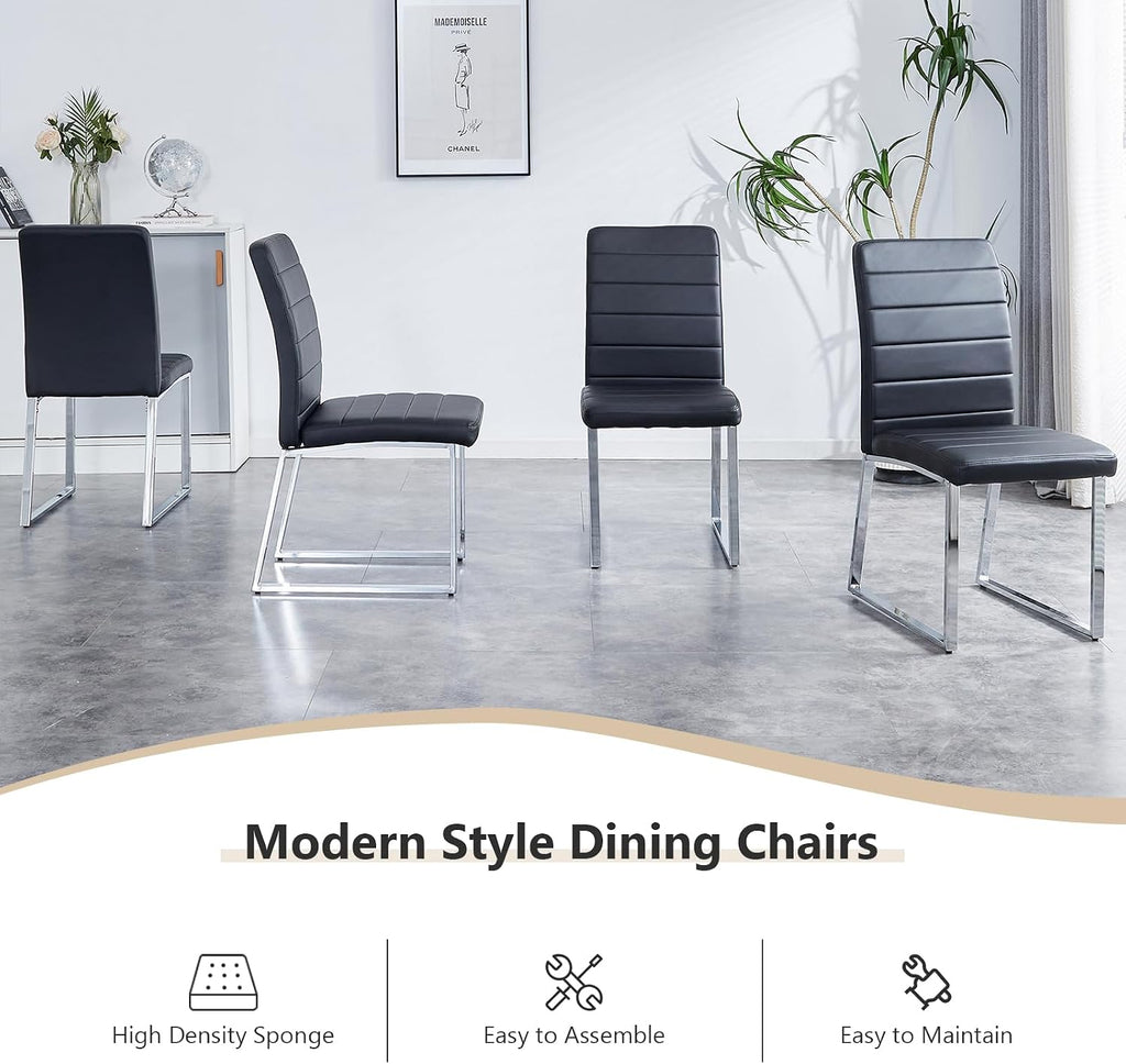 Modern Leather Dining Chairs, Set of 6 | Upholstered Padded Seats with Sturdy Metal Legs, Armless Kitchen & Dining Room Furniture for Home (Black, Set of 6)