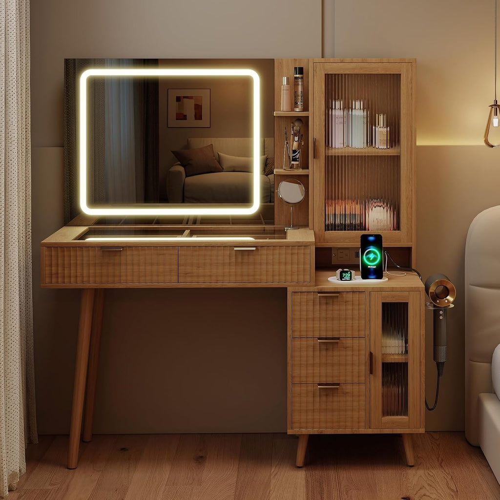 49" Wooden Vanity Desk with Mirror and Lights, Fluted Boho Makeup Vanity Table with Modern Glass Top, Charging Station, 5 Drawers, 2 Cabinet with Adjustable Shelves, Light Wood