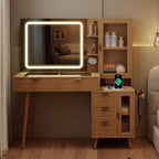 49" Wooden Vanity Desk with Mirror and Lights, Fluted Boho Makeup Vanity Table with Modern Glass Top, Charging Station, 5 Drawers, 2 Cabinet with Adjustable Shelves, Light Wood