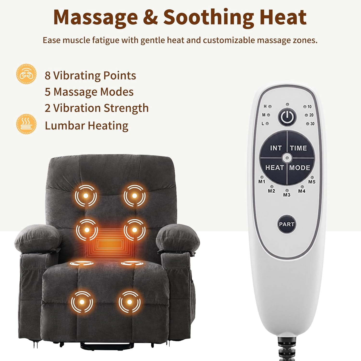 Power Lift Recliner Chair for Elderly with Massage and Heat, Comfortable Electric Power Reclining Chair with Side Pockets,2 Cup Holders and USB Charging Port for Living Room (Grey)