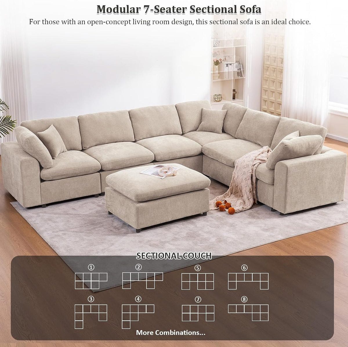 Oversized Modular Sectional Sofa, 7 Seater Cloud Couch with Ottoman | 130" Beige, Large U Shaped Convertible Corner Sofa In Chenille Fabric, Solid Wood Frame, for Spacious Living Room