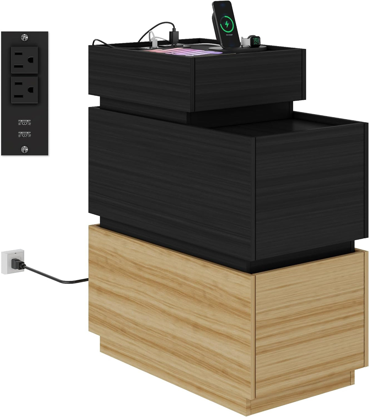 UEV End Table with Charging Station, Nightstand with Drawers and Storage, Narrow Side Table with USB Ports and Power Outlets for Living Room and Bedroom, Black and Brown