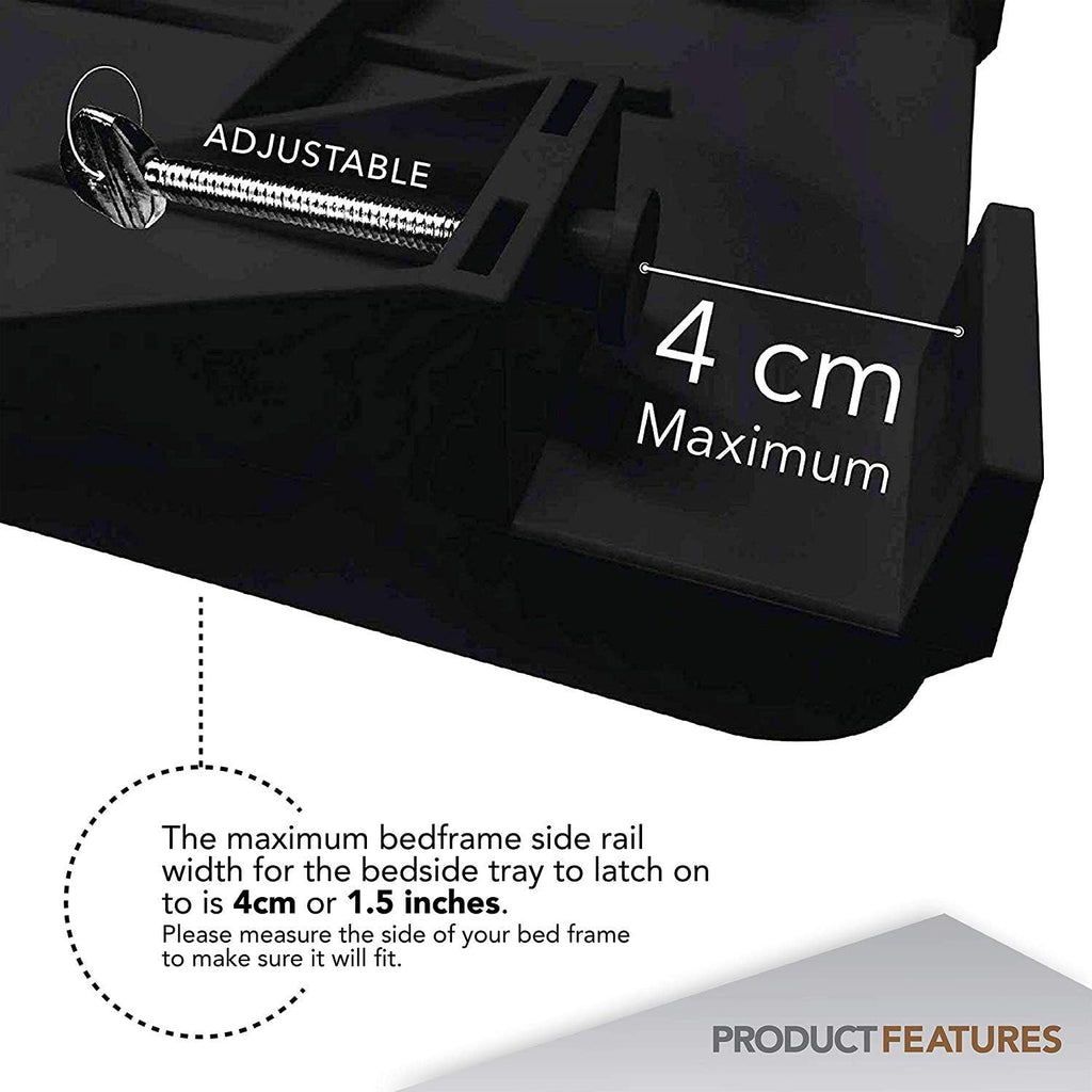 Modern Innovations Bedside Shelf for Bed, College Dorm Room, Bunk Bed Shelf/Caddy for Top Bunk, Clip On Nightstand Tray with Cord and Cup Holder for Table Storage (Black)