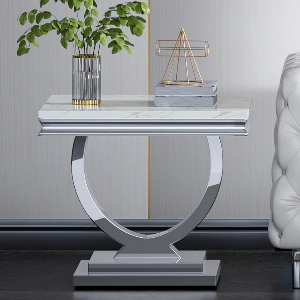 White Faux Marble End Table,Modern Sofa Side Tables with Silver Mirrored Stainless Steel Base and Faux Marble Tabletop for Home Office Living Room (White Silver End Table)