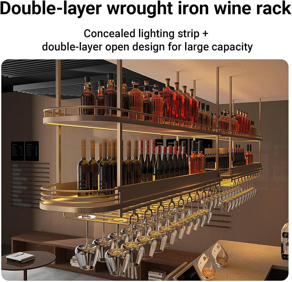 Modern Gold Hanging Wine Glass Holder，Ceiling Bar Wine Glass Shelf，Ceiling Mounted Bottle Rack，for Home，cafes ，Bar