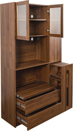 71" Tall Kitchen Pantry Cabinet with Storage, Farmhouse Kitchen Storage Cabinet with 4-Tier Side Shelf & 2 Drawers, Freestanding Cupboard with Glass Door and Microwave Stand for Dining Room, Walnut