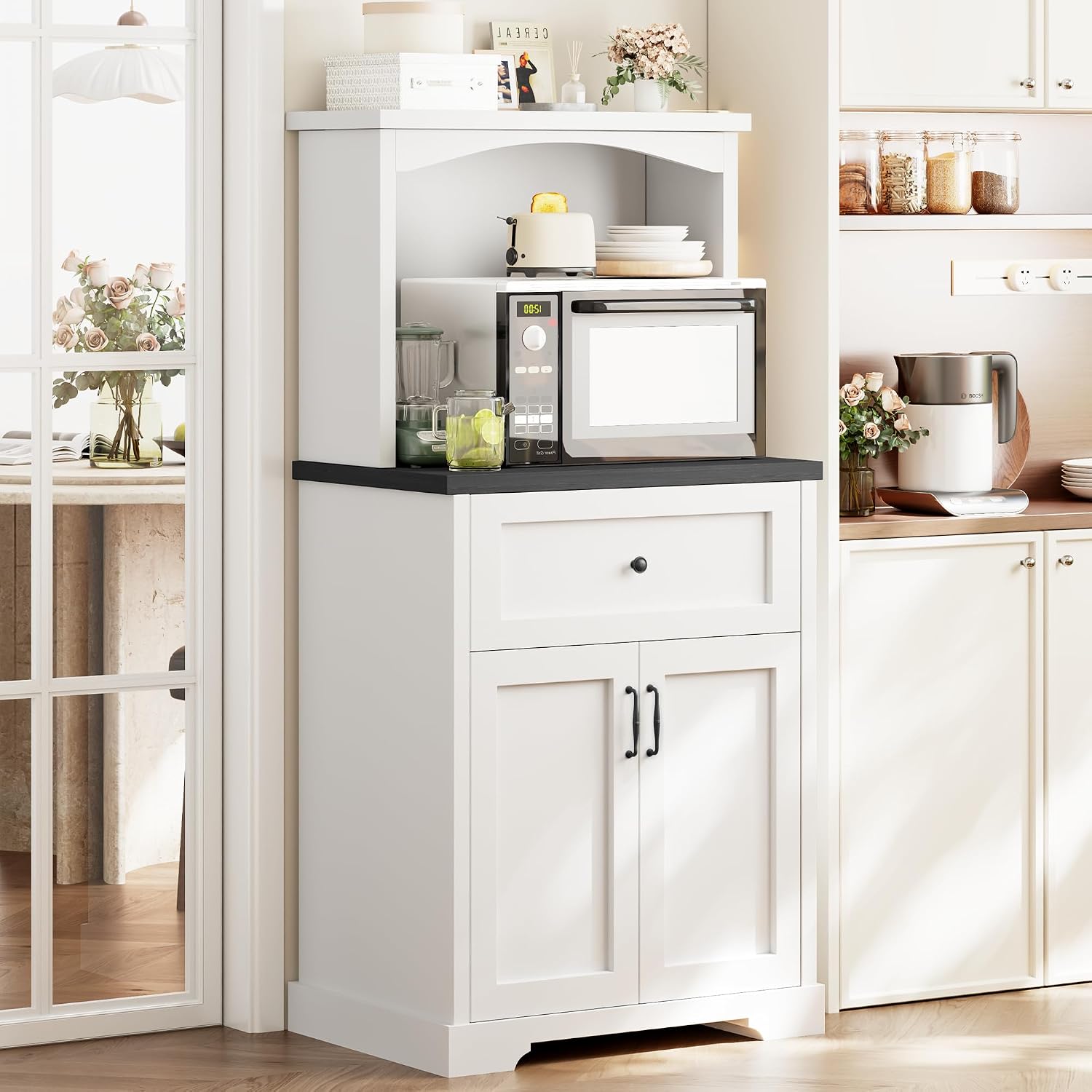 Microwave Stand with Storage and Drawer, Kitchen Pantry Storage Cabinet | Buffet Coffee Bar Cabinet with Adjustable Shelves, Charging Station, Kitchen Hutch Microwave Table for Dining Room