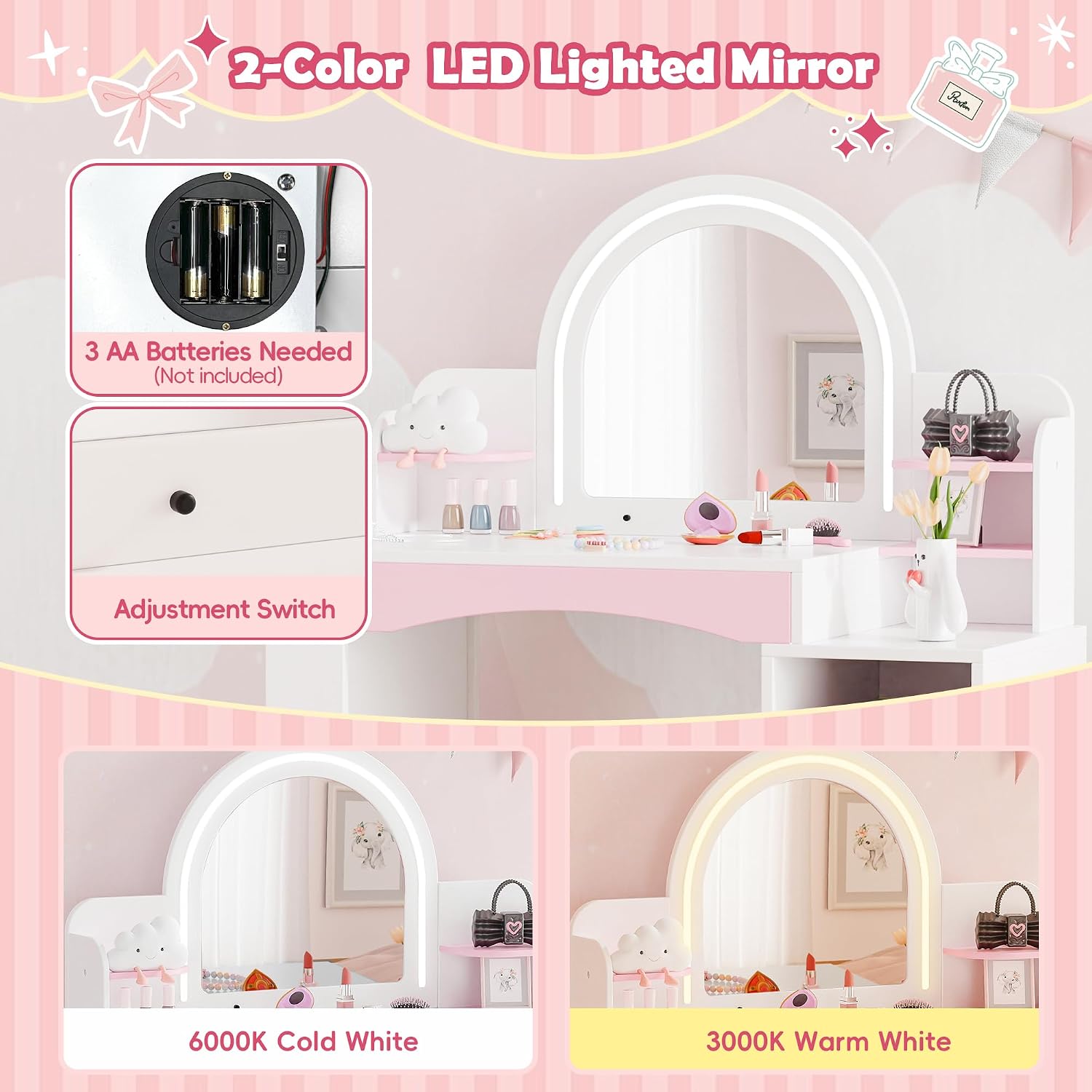 MU Kids Vanity with Lights, Girls Vanity Table and Chair Set with Lighted Mirror, Storage Cabinet, Bookshelf & Shelves, Toddler Makeup Vanity Set for Little Girls, White