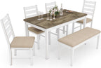 ROCSUMOO 6 Piece Farmhouse Dining Table Set of 6 with 4 Chairs & 1 Bench | 59" Rectangular Kitchen Table Set with Old Design, Farmhouse White Dinner Room Set Solid Wood Stable Space Saving