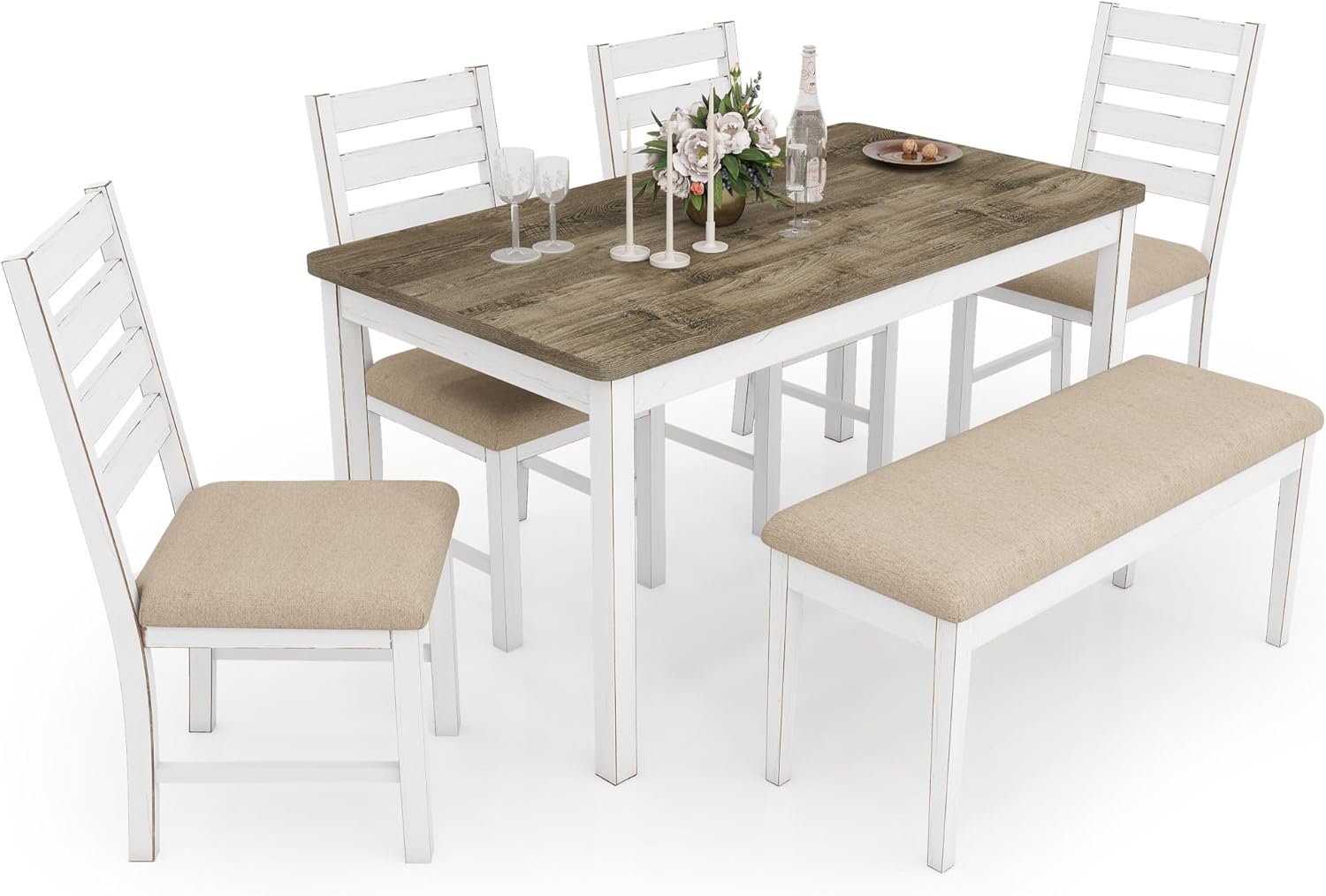 ROCSUMOO 6 Piece Farmhouse Dining Table Set of 6 with 4 Chairs & 1 Bench | 59" Rectangular Kitchen Table Set with Old Design, Farmhouse White Dinner Room Set Solid Wood Stable Space Saving