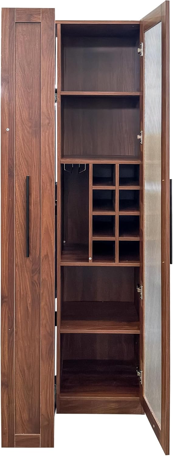 Kitchen Pantry Cabinet with Pull-Out 5-Tier Storage Shelf Space Saving Storage Organizer Cabinet with Glass Door Wine Racks Cup Holder for Kitchen, Dining Room, Bar, Walnut