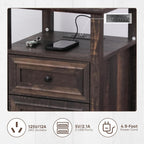 ALBAD Farmhouse Nightstand with Charging Station Rustic Bedside Table with 2 Drawers and Open Shelf Side Table with Metal Handle for Bedroom Office, Walnut Brown