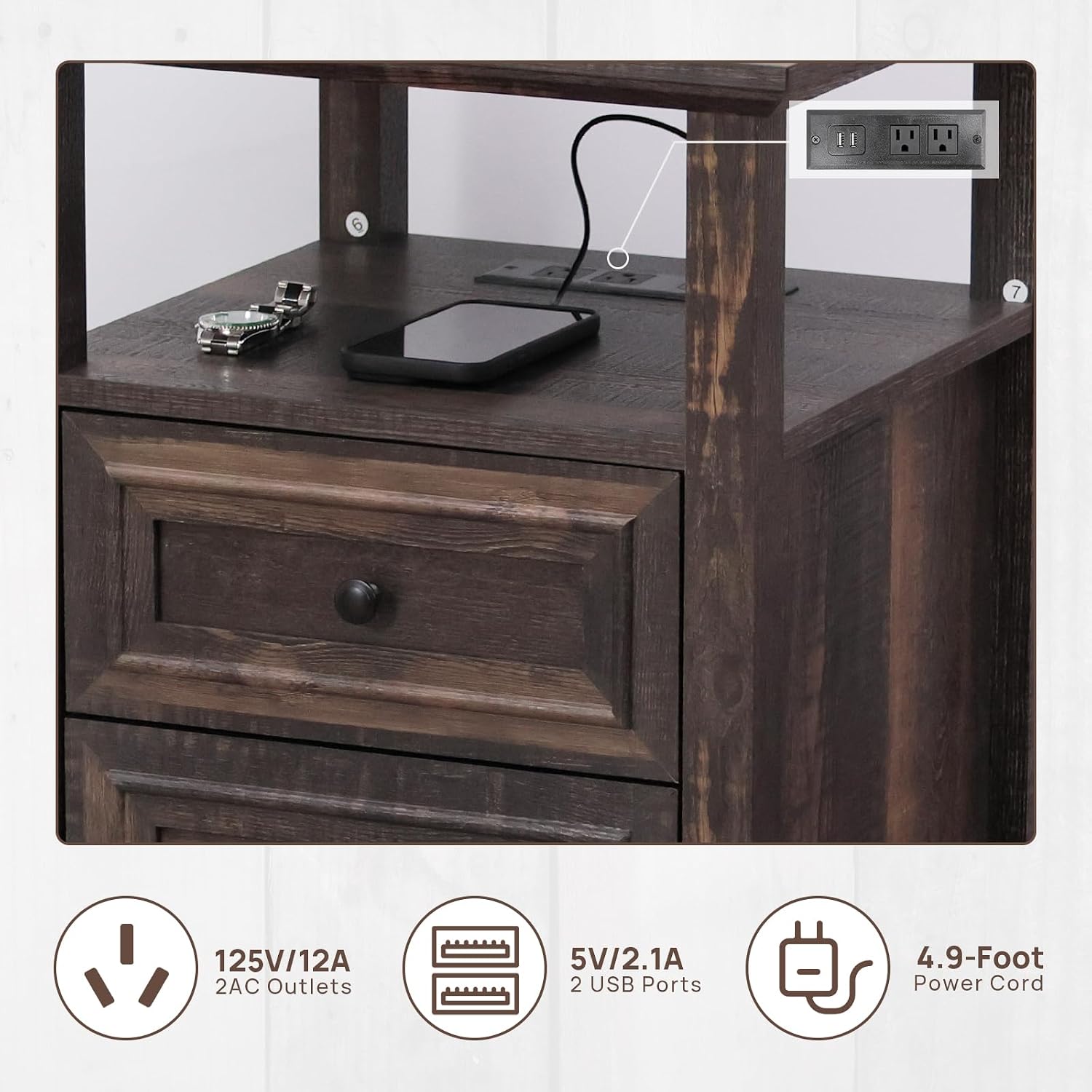 ALBAD Farmhouse Nightstand with Charging Station Rustic Bedside Table with 2 Drawers and Open Shelf Side Table with Metal Handle for Bedroom Office, Walnut Brown