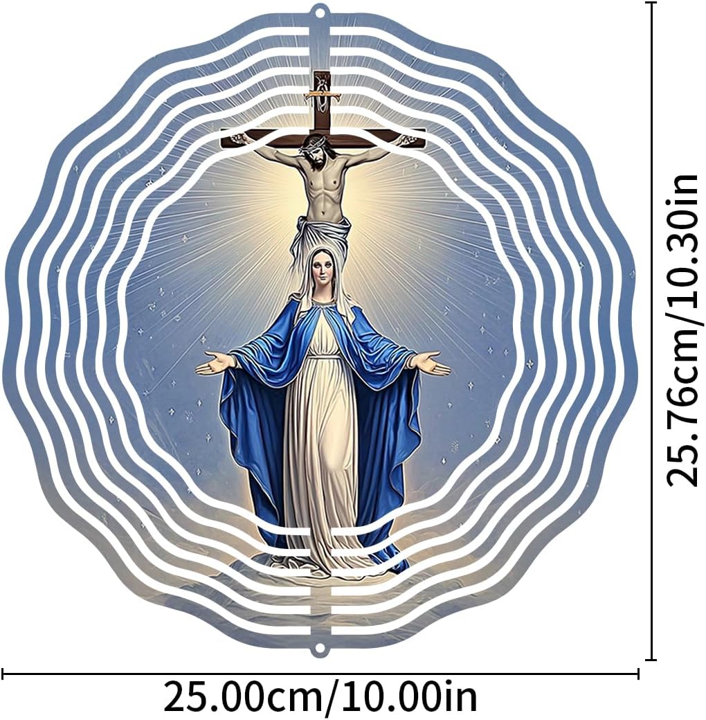 Religious Cross Jesus Wind Spinner, Metal Wind Spinners Outdoor Indoor, Virgin Mary Garden Decor for Outside, Stainless Wind Spinners for Yard and Garden 10 inch 3D (25.76X25 CM)