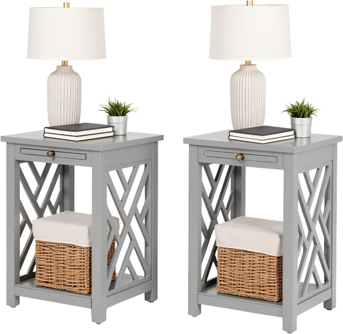 Alaterre Furniture Coventry 2-Pack Wood End Tables – Compact Side Tables with Pull-Out Tray, Bottom Shelf, and Open Square Side Panels – Easy Assembly Storage Tables for Living Room or Bedroom (Gray)