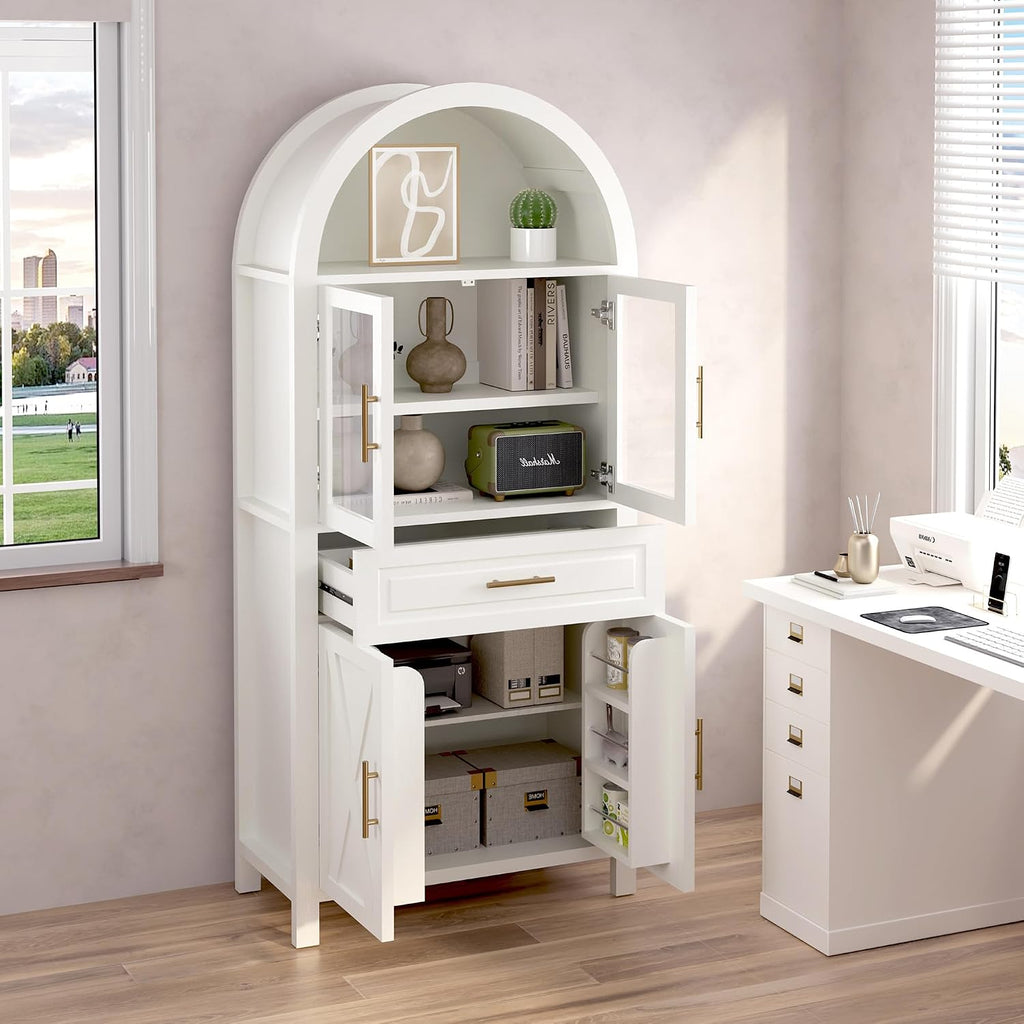71" Tall Arched Kitchen Pantry Cabinet, Farmhouse Pantry Cabinet with Glass Door & 6 Internal Storage Racks, Adjustable Shelves Storage Cabinets for Kitchen, Living Room, Dining Room, Bathroom