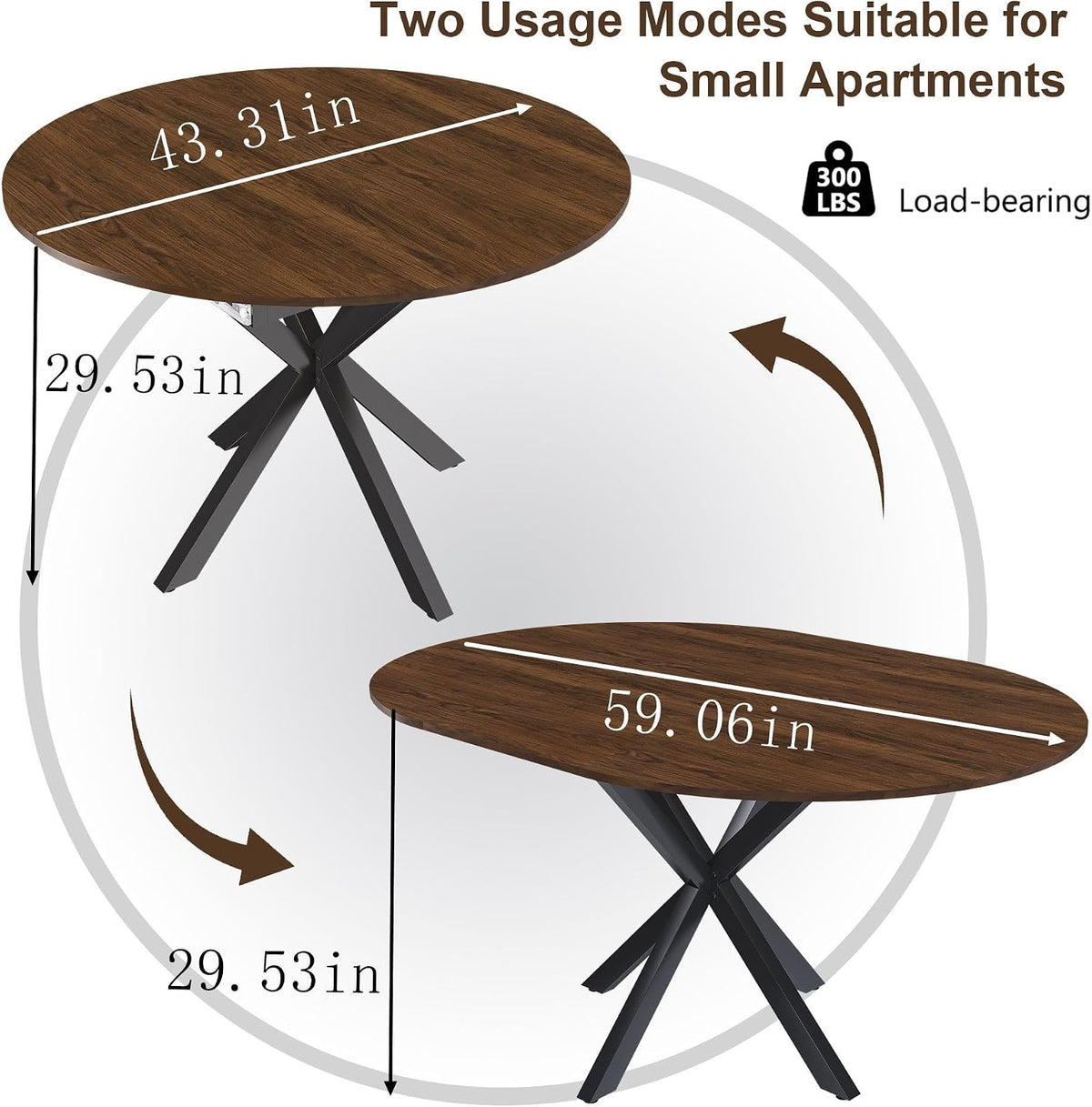 Round Dining Table Set for 6, 43-59" Extendable Dining Room Table Set, Walnut Wood Grain Table and 6 Black PU Leather Upholstered Chairs Set, Mid Century Modern Kitchen Table Set with Cross Legs