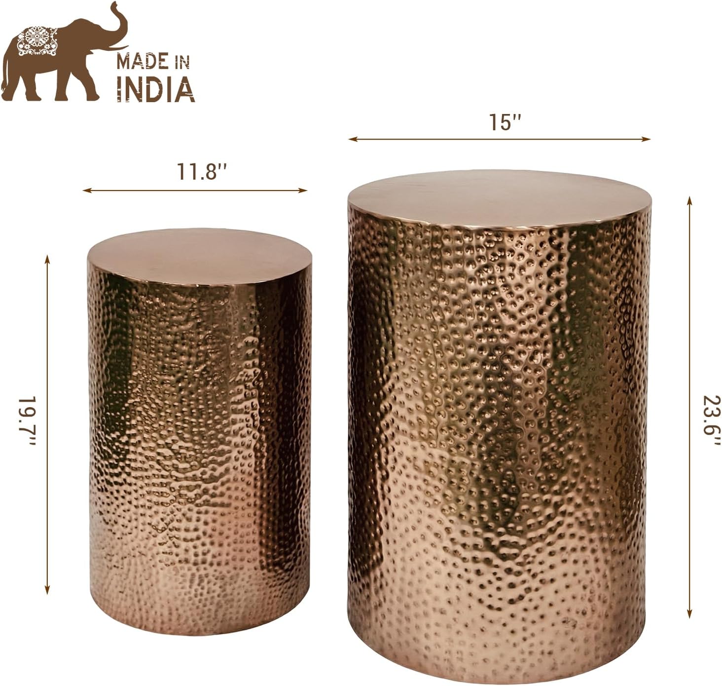 MyGift Set of 2 Modern Hammered Metal Bronze Round End Tables, Home Accent Side Tables for Living Room or Bedroom