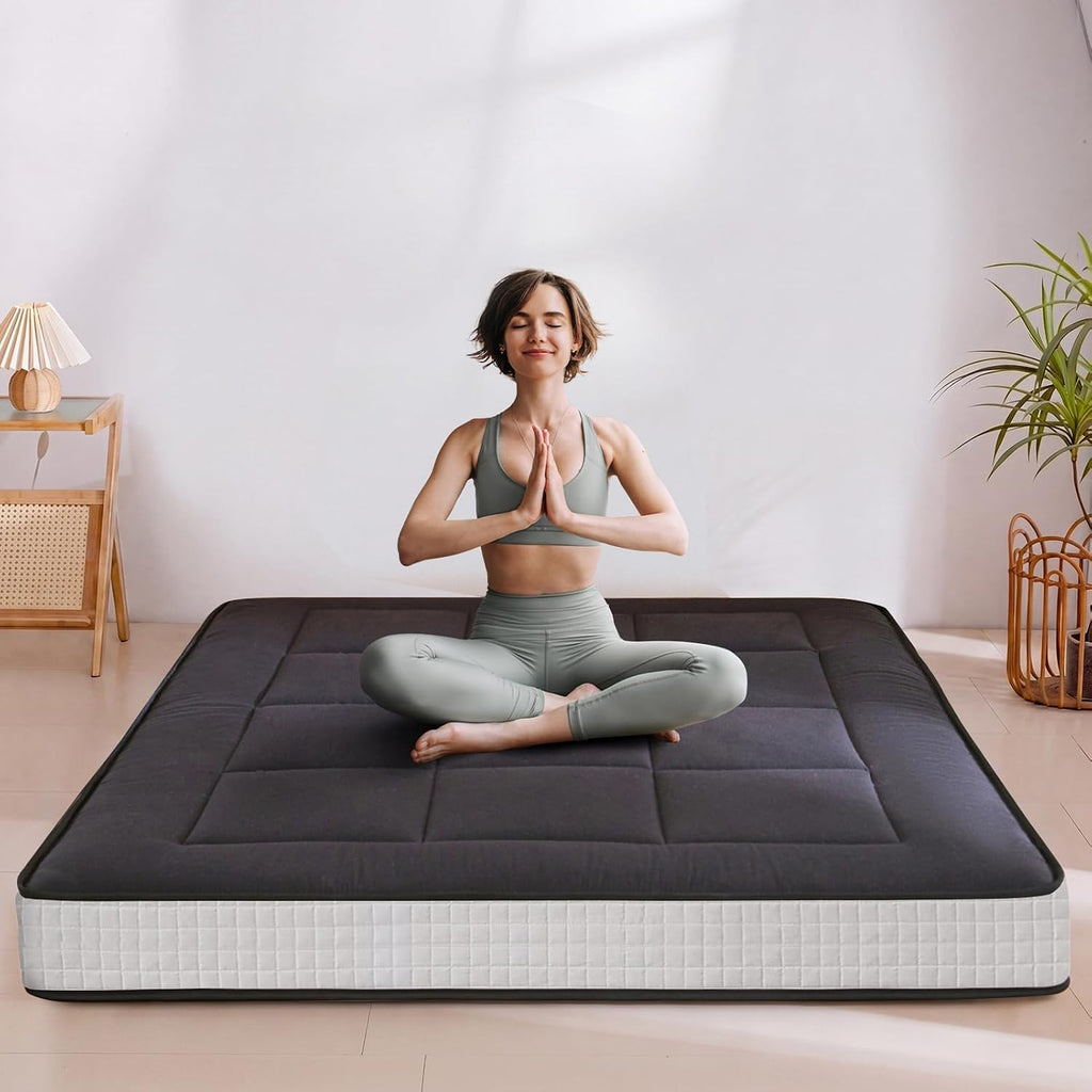 MAXYOYO 6" Extra Thick Floor Futon Mattress, Foldable Japanese Floor Mattress for Adults, Roll Up Tatami Pad for Guest Room, Black, Queen