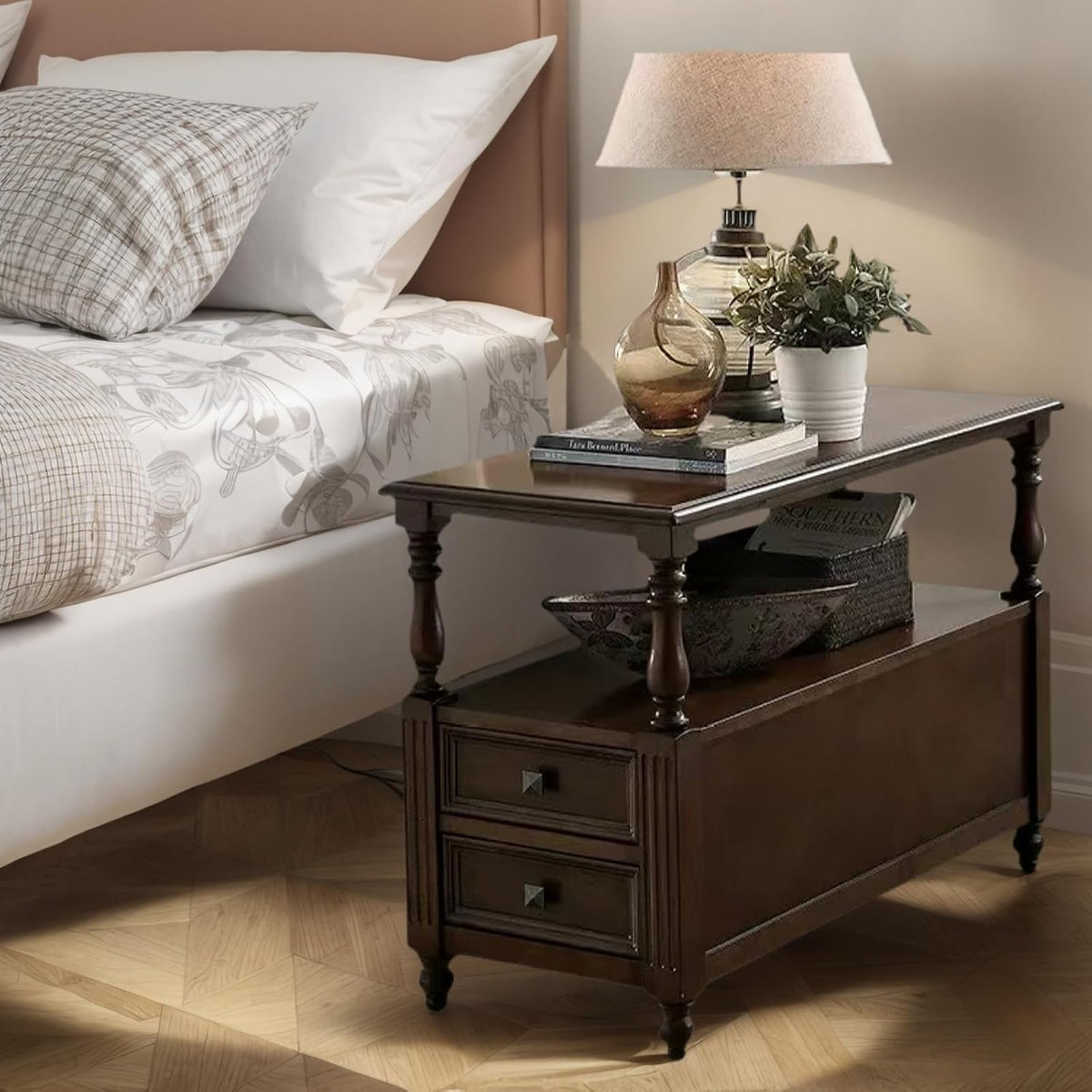 YUNMUARY-Solid Wood End Table with 2 Drawer Mid-Century Nightstand Narrow Side Tables with Storage Dark Walnut Side Tables for Living Room Small Space Sofa Side Table,Easy Assembly