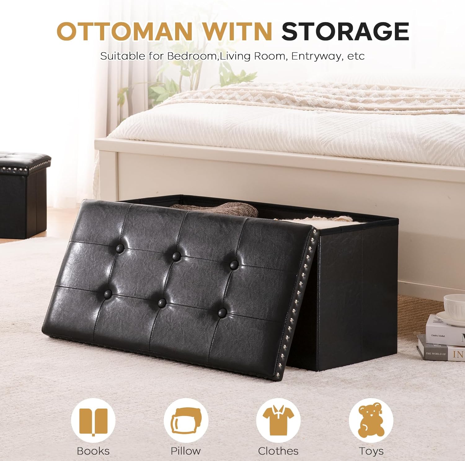 oakvivo Folding Storage Ottoman Bench 30in, Leather Foot Rest Stools Ottoman with Storage, Coffee Table, End of Bed Bench Footstool for Living Room, Bedroom, Load 330 lb, 30x15x15 inches, Black