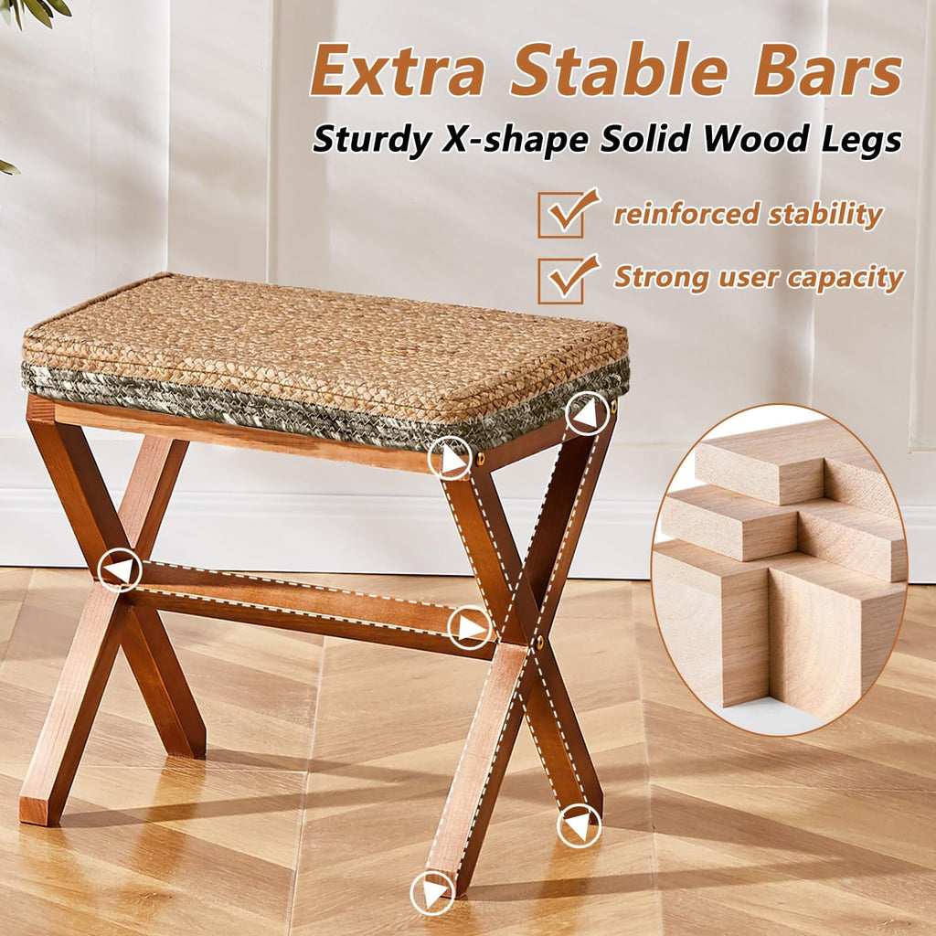 Natural Seagrass Ottoman Footstool with Wooden Legs – Handwoven Rectangular Foot Rest for Living Room, Patio & Balcony