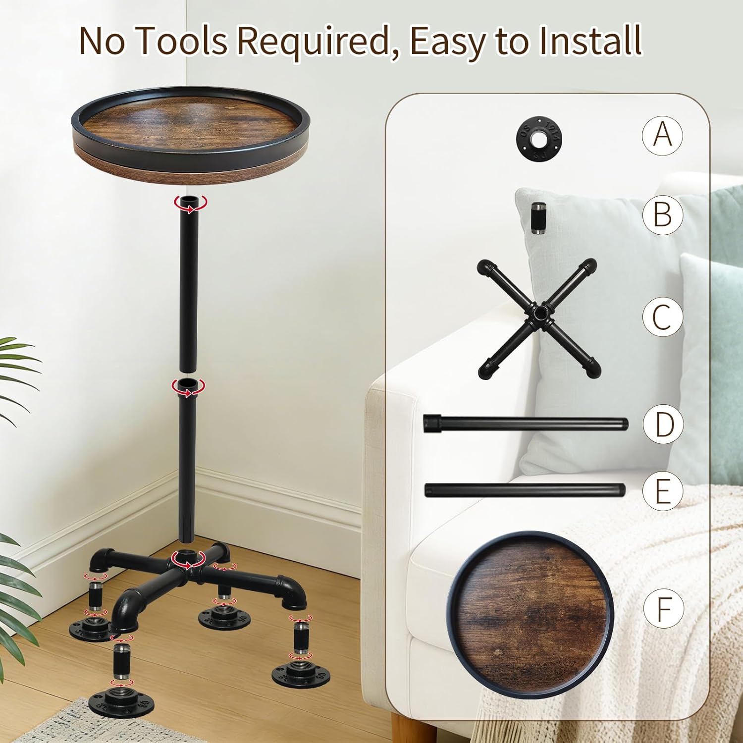 Small Round Side Table for Small Spaces, Pedestal Drink Table with Non-Slip Feet, Martini Table No-Tool Assembly for Living Room, Bedroom, Narrow Corners, Sofa, Bathroom