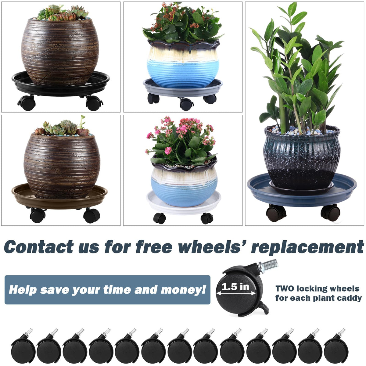 6 Packs Plant Caddy with Wheels 11.8" Plastic Rolling Plant Dolly Coasters Heavy-Duty Wheeled Planter Mover Rollers Indoor Outdoor Wheeled Flower Pot Base Suacers with Casters, Black