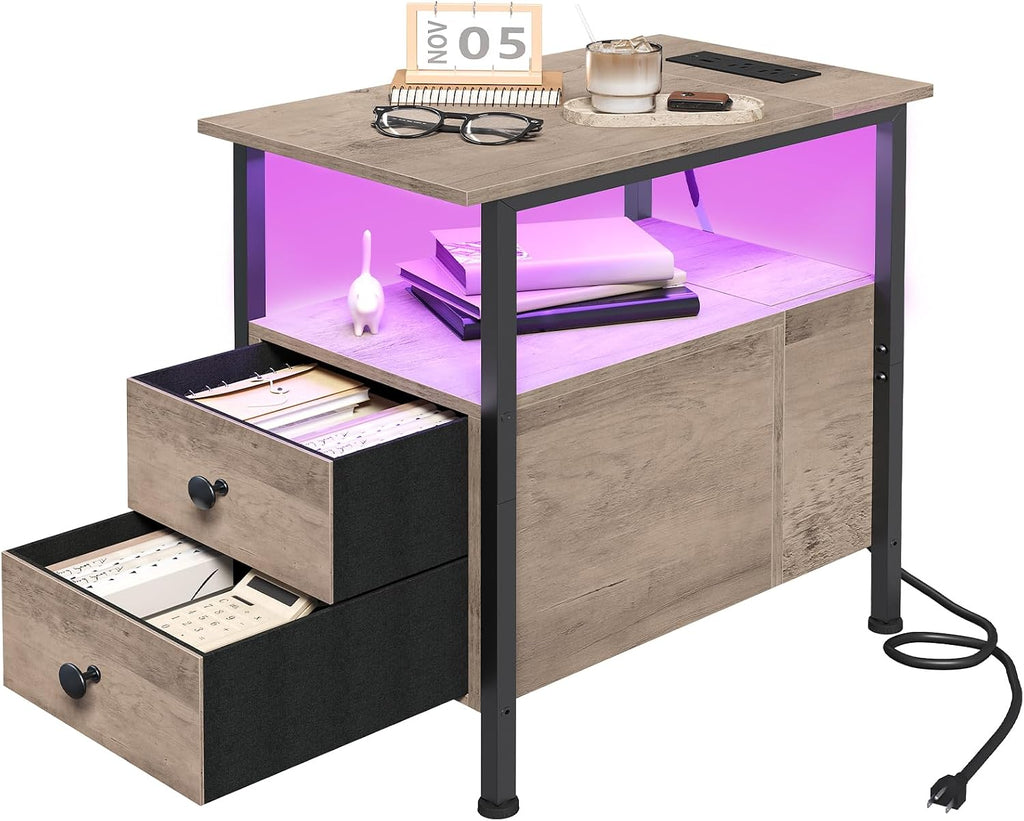 HOOBRO End Table with Charging Station & Led Light, Flip-Top Narrow Side Table with 2 Drawers, Nightstand for Small Spaces, Bedroom, Living Room, Stable and Sturdy, Greige and Black BG436UDBZ01