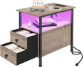 HOOBRO End Table with Charging Station & Led Light, Flip-Top Narrow Side Table with 2 Drawers, Nightstand for Small Spaces, Bedroom, Living Room, Stable and Sturdy, Greige and Black BG436UDBZ01