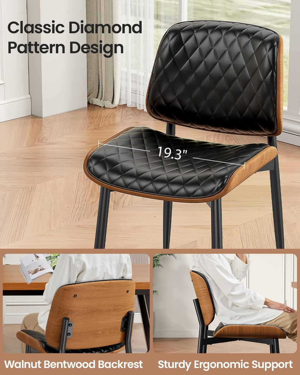 REONEY Dining Chairs Set of 4, Mid-Century Modern Upholstered PU Leather Chairs with Walnut Back and Metal Legs Adjustable Feet for Kitchen Dining Room, Black Diamond Plaid