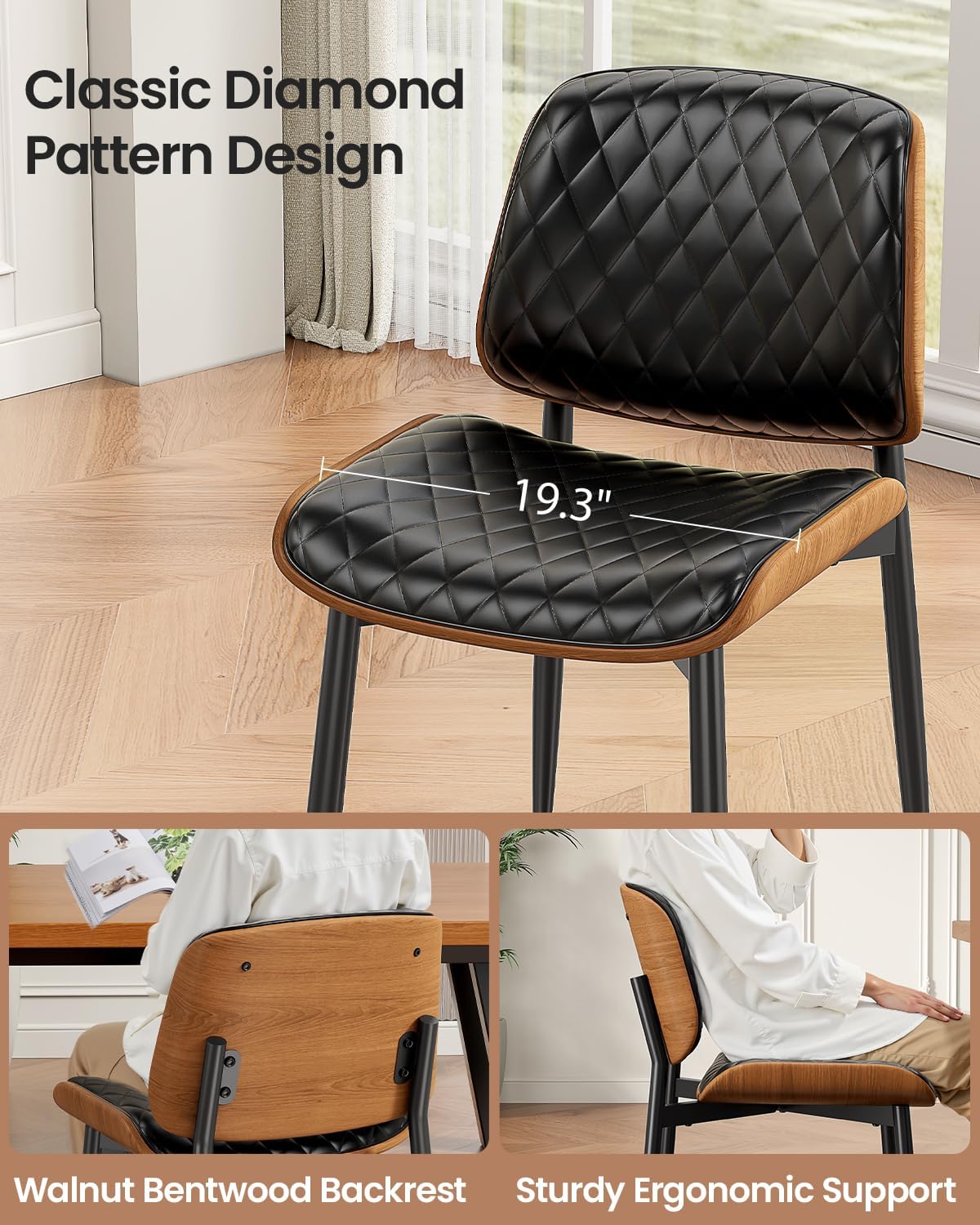 REONEY Dining Chairs Set of 4, Mid-Century Modern Upholstered PU Leather Chairs with Walnut Back and Metal Legs Adjustable Feet for Kitchen Dining Room, Black Diamond Plaid