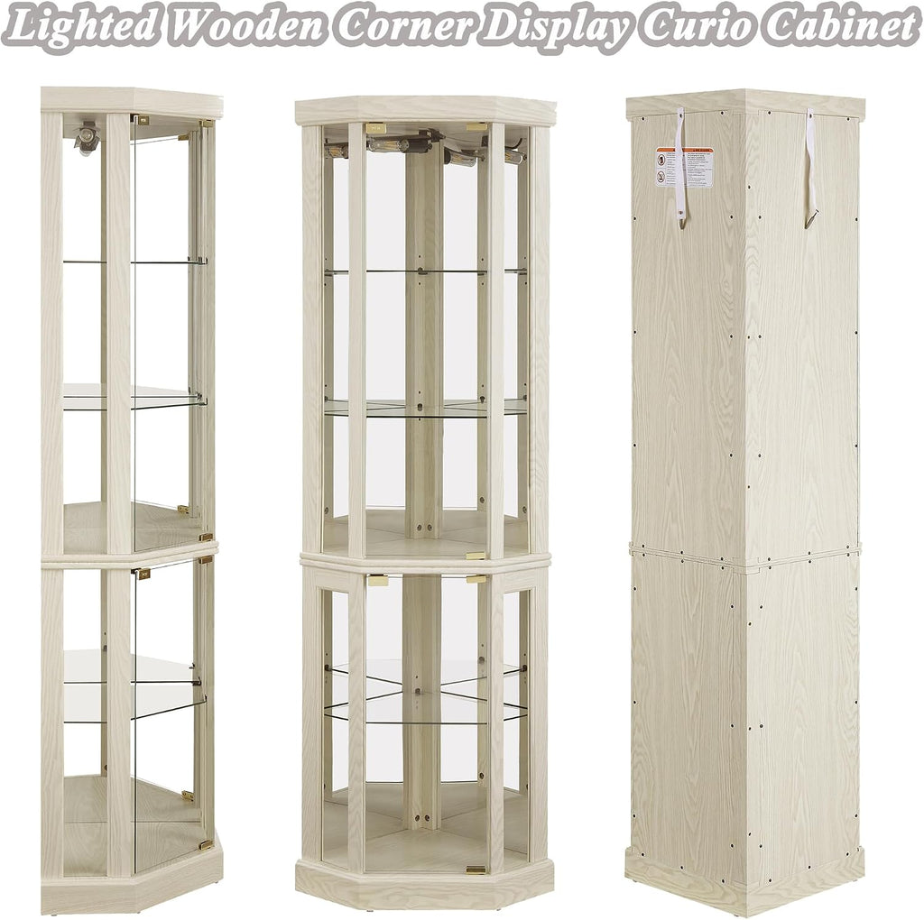 69" H Lighted Curio Cabinet Corner Display Case, Corner Glass Case with Adjustable Shelves and Tempered Glass, Wooden Curio Cabinet w/Mirrored Back Pane for Living Room