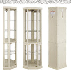 69" H Lighted Curio Cabinet Corner Display Case, Corner Glass Case with Adjustable Shelves and Tempered Glass, Wooden Curio Cabinet w/Mirrored Back Pane for Living Room