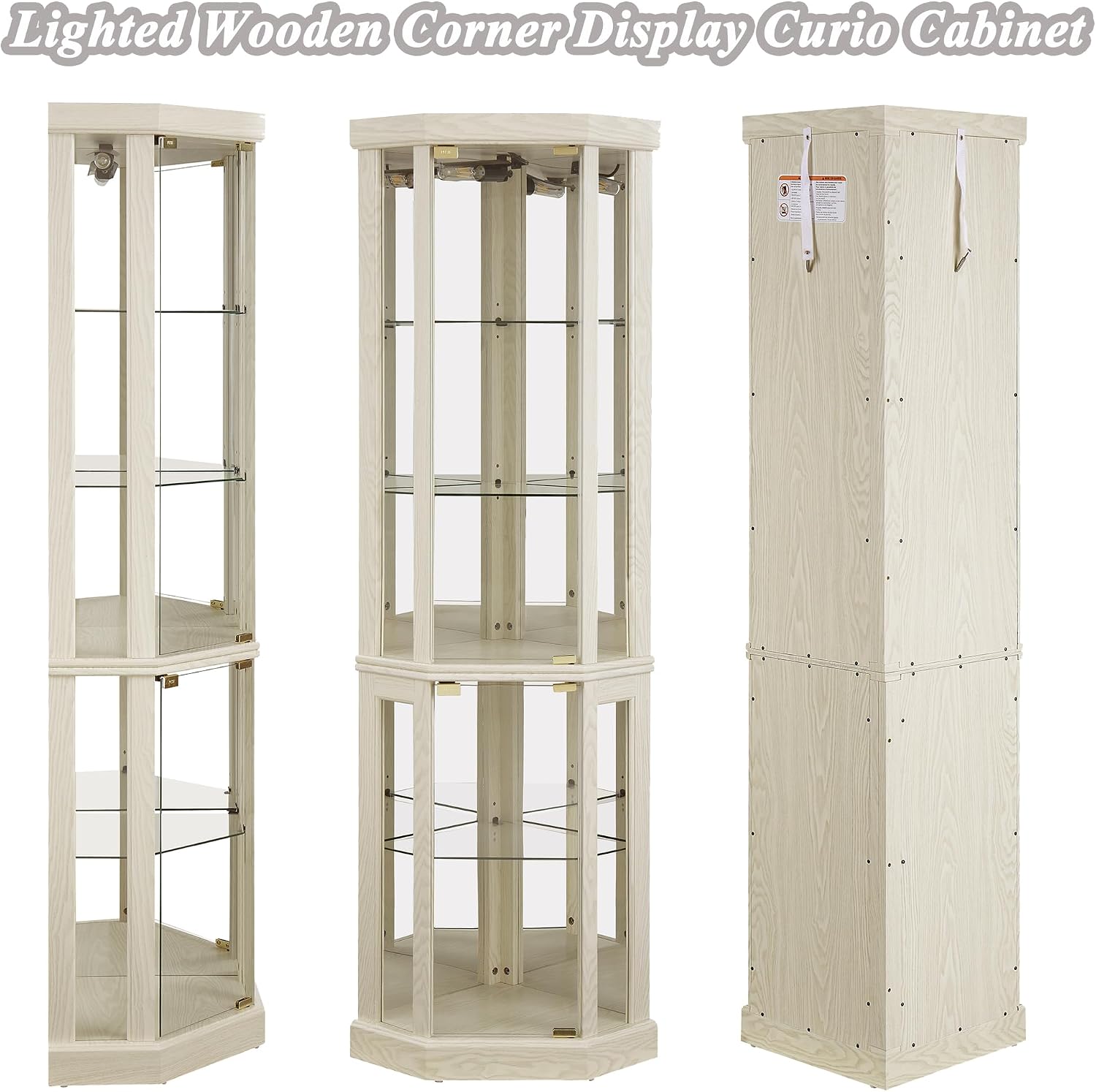 69" H Lighted Curio Cabinet Corner Display Case, Corner Glass Case with Adjustable Shelves and Tempered Glass, Wooden Curio Cabinet w/Mirrored Back Pane for Living Room