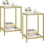 HOMSHO Side Tables Set of 2, End Tables with Tempered Glass, 2-Tier Nightstands with Storage Shelves, Coffee Table with Modern Style, Slim Sofa Table for Living Room, Bedroom, 11.8" D x 15" W, Gold