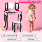 Costzon Kids Vanity Table and Chair Set, Girls Vanity Set with Mirror and Stool, Storage Drawer, Wooden Princess Makeup Dressing Table, Vanity Set for Little Girls