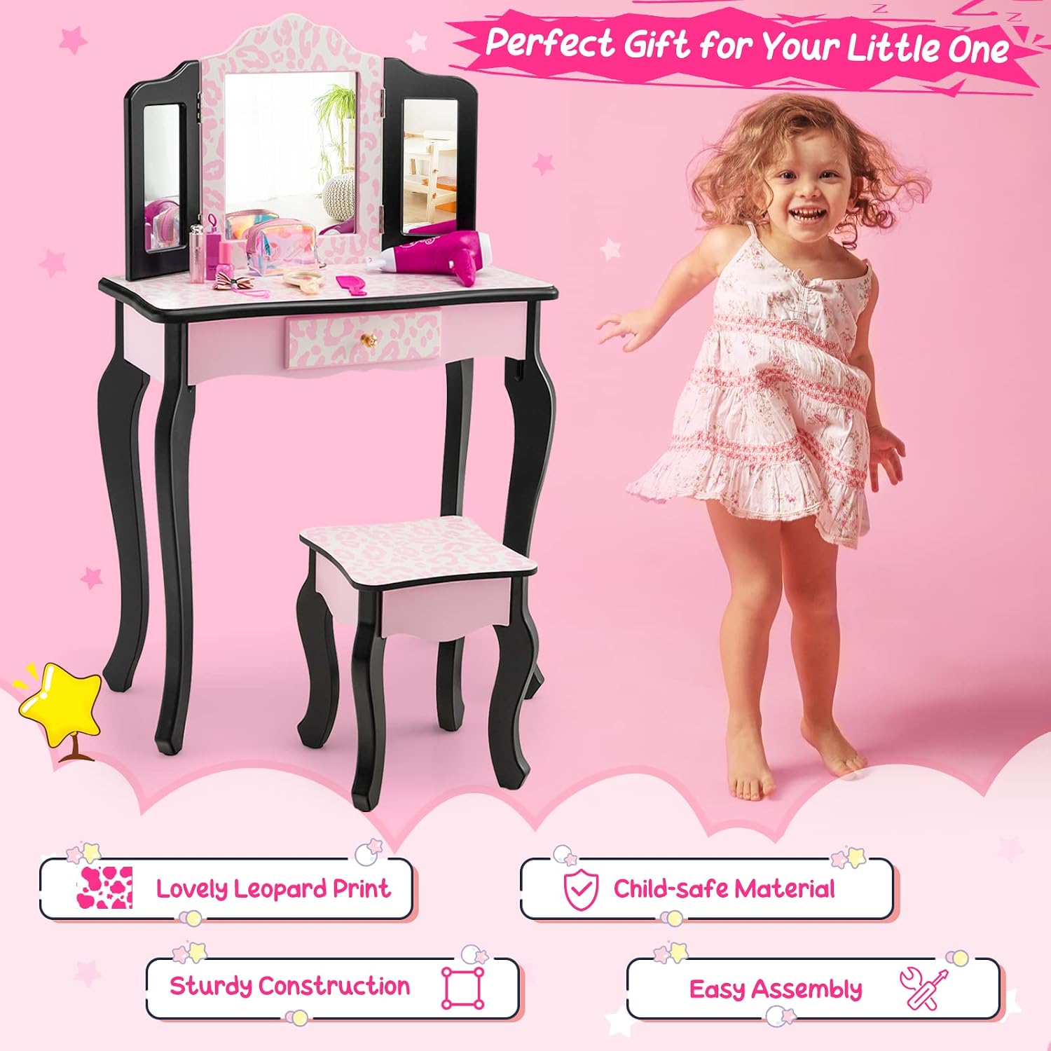 Costzon Kids Vanity Table and Chair Set, Girls Vanity Set with Mirror and Stool, Storage Drawer, Wooden Princess Makeup Dressing Table, Vanity Set for Little Girls