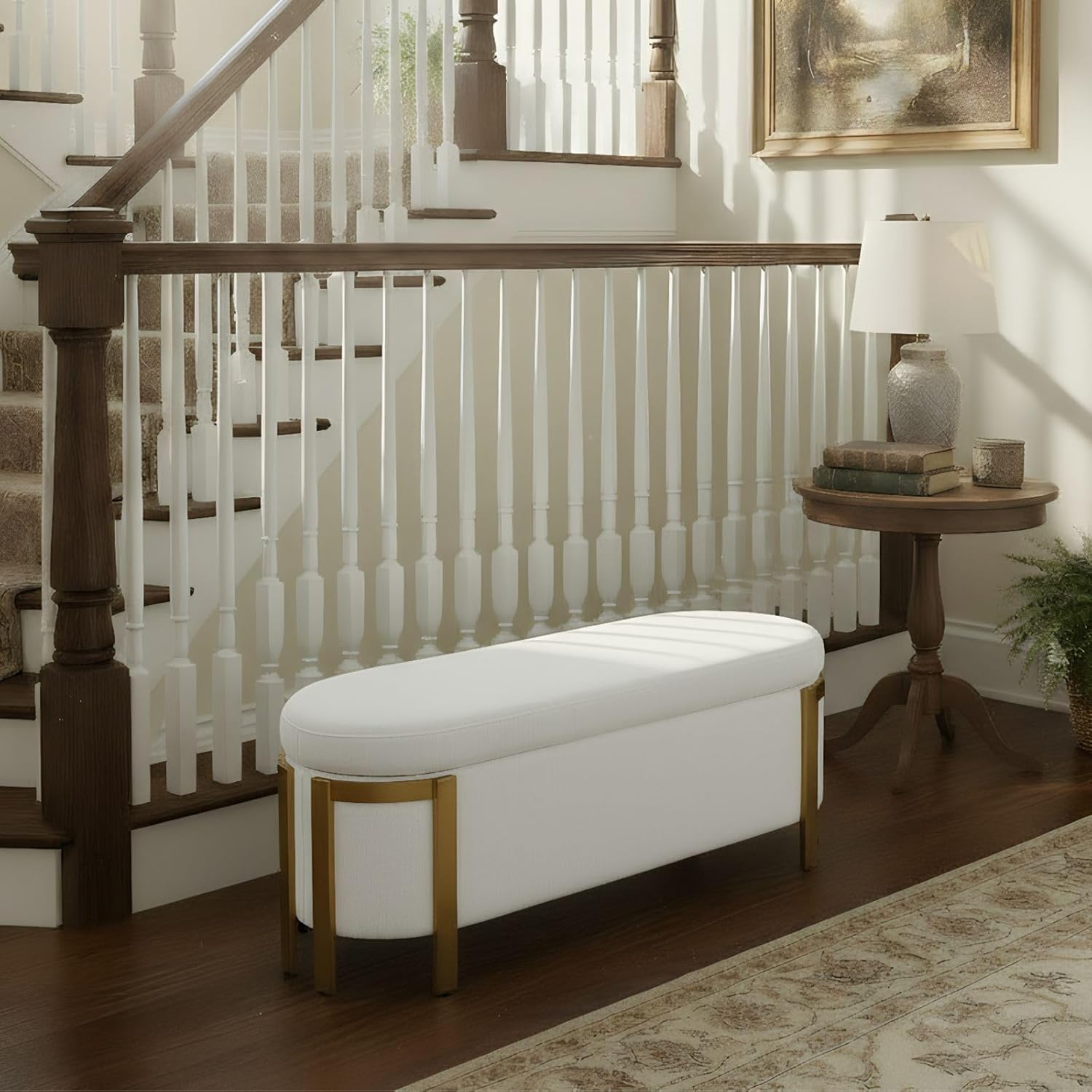 Hyfirm 48" Storage Ottoman Bench – White Chenille Upholstered Footrest with Gold Legs, Long Oval Padded Stool for Bedroom, End of Bed, Living Room, Entryway, Hallway
