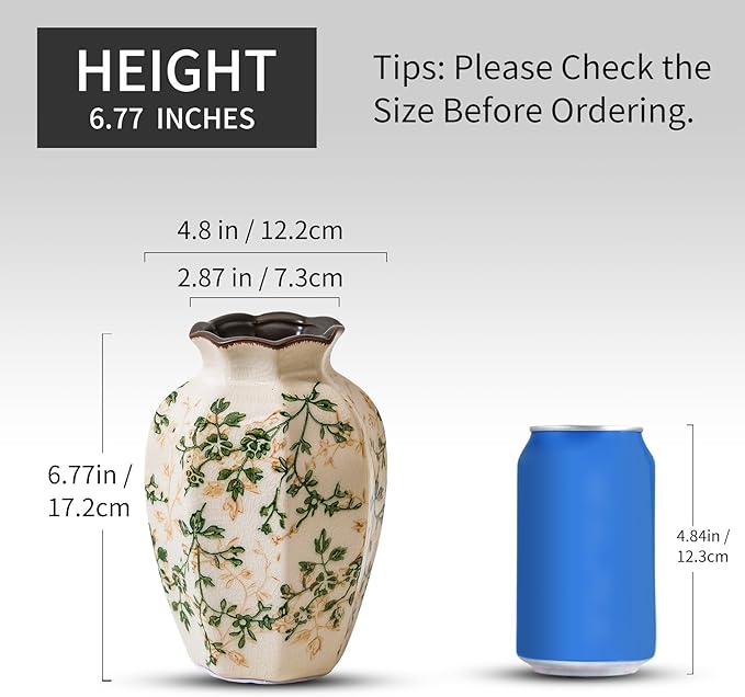 Vintage Pastoral Octagonal Vase, Green and Beige Retro Ceramic Flower Vases, Rustic Farmhouse Vases Chinoiserie Floral Small Vase for Home Decor, Living Room, Kitchen, Bedroom and Shelf 6.7 Inch