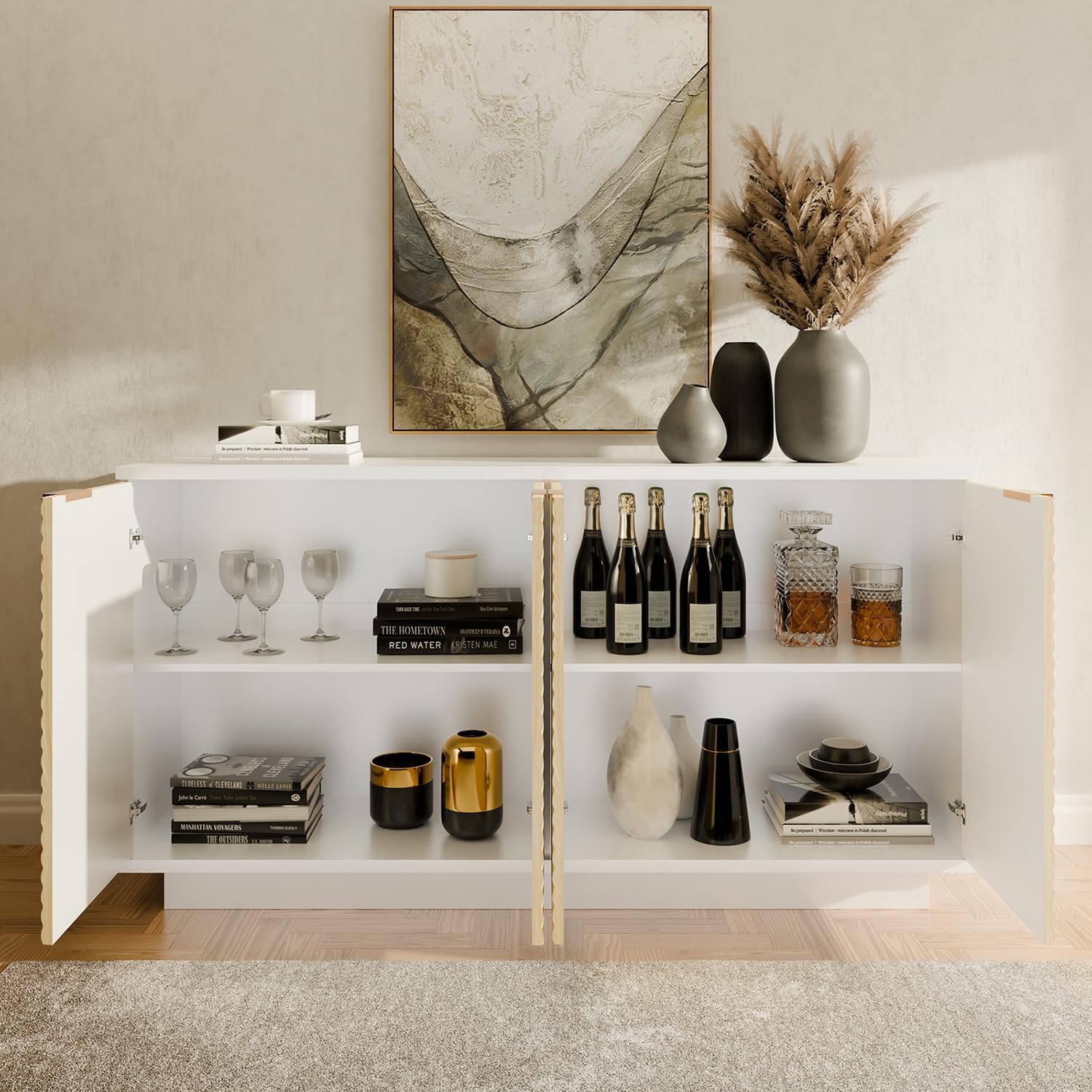 Walsham Buffet Cabinet Sideboard, 63.1" Fluted Accent Storage Cabinet with 4 Doors and Shelves, Credenza Cupboard Console for Living Room Kitchen Hallway, Weathered Oak