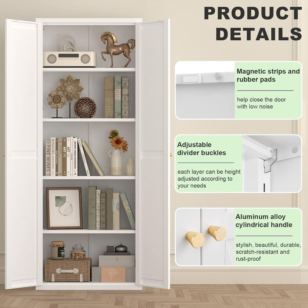 71" Tall Kitchen Pantry Storage Cabinet, Kitchen Storage Cabinet with Doors and 4 Adjustable Shelves, Metal Freestanding Cupboard for Garage Dining Room Living Room Bathroom, White