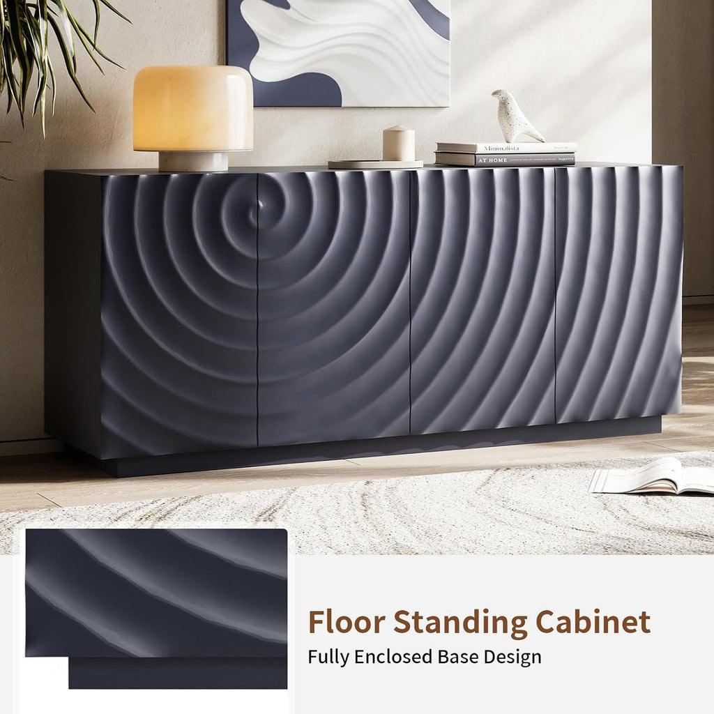 4 Door Modern Sideboard Buffet Cabinet with Spiral Grain, Accent Storage Sideboard Freestanding Anti-Dumping Storage Cabinet Buffet for Kitchen & Living Room (Navy Blue)