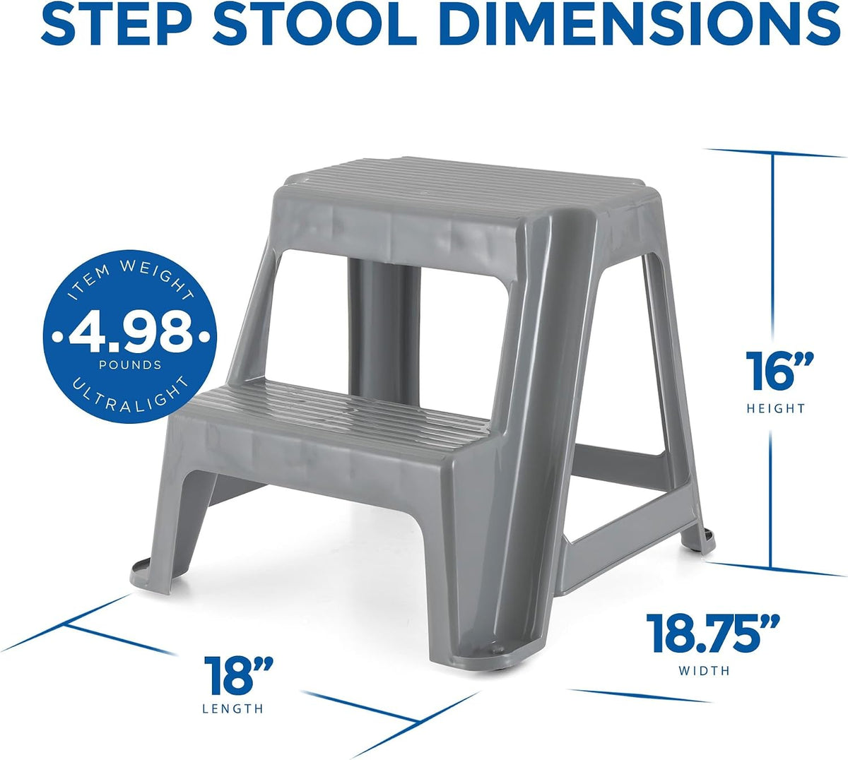 Gracious Living 2-Step Stool, Portable Plastic Stepping Stool for Dorm, Home, Classroom, or Office, 18"L x 18.75"W x 16"H - 300 Pound Capacity, Gray