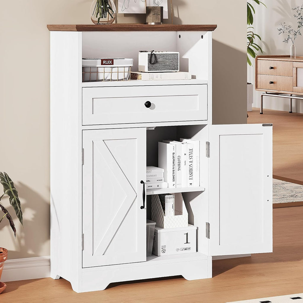 Floor Cabinet, Farmhouse Storage Cabinet with Barn Doors and Drawer, 11.81" D x 23.62" W x 39.37" H White Freestanding Adjustable Shelf Organizer for Bathroom, Kitchen, Living Room