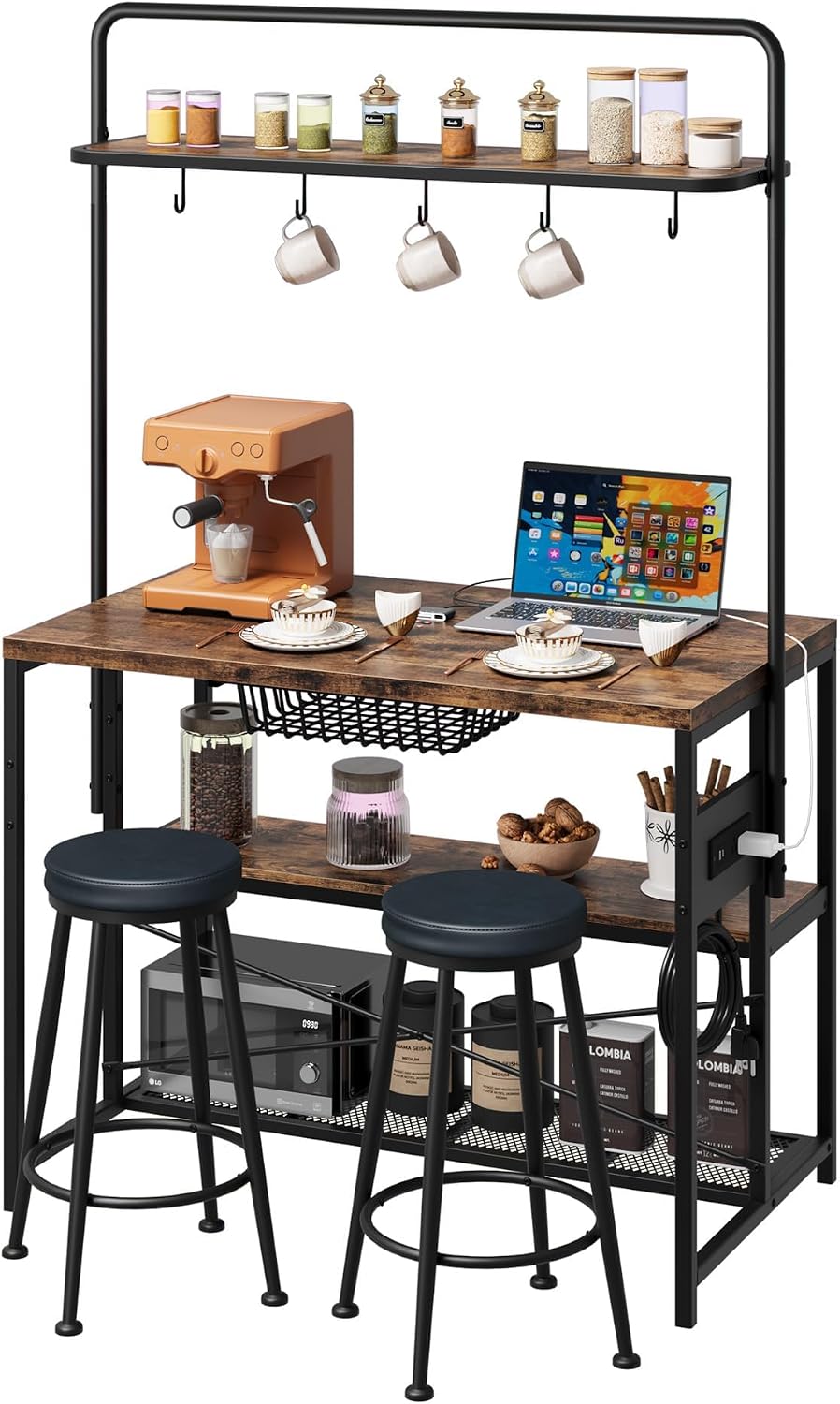 Industrial Kitchen Island Dining Table with Power Outlet, Retro | Microwave Stand with Storage Shelves, 2 Bar Stools and 5 Hooks, Coffee Bar for Dining Room, Living Room