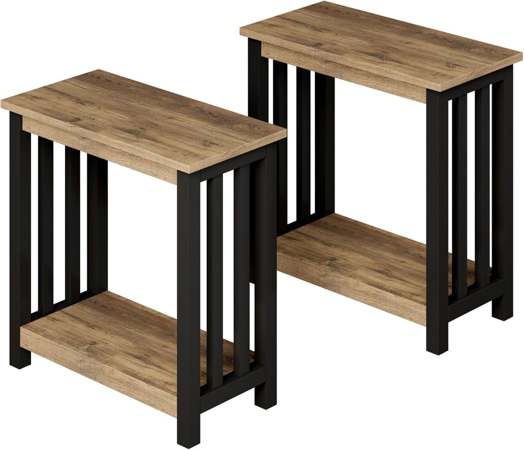 ChooChoo Mission End Tables Set of 2, Narrow Side Tables for Small Spaces, Night Stands with Storage Shelf for Living Room and Bedroom, Rustic Oak & Black