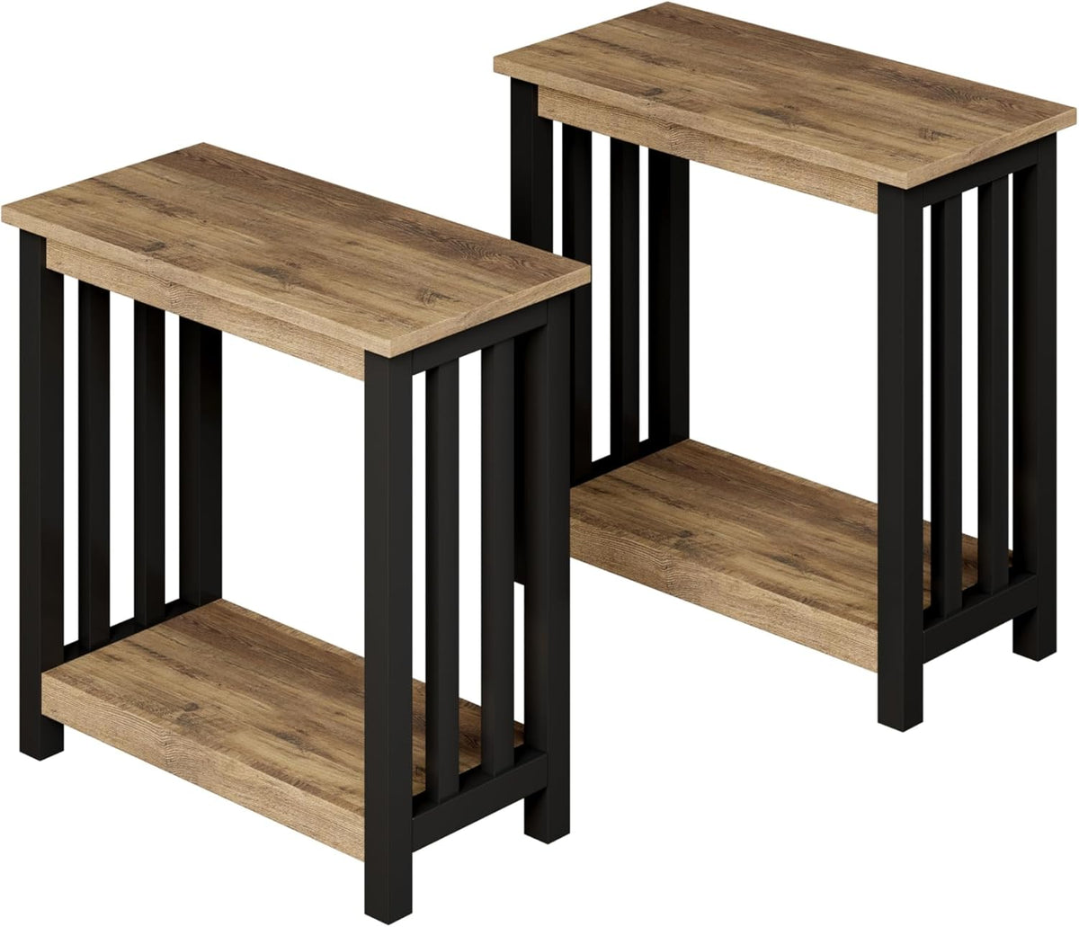 ChooChoo Mission End Tables Set of 2, Narrow Side Tables for Small Spaces, Night Stands with Storage Shelf for Living Room and Bedroom, Rustic Oak & Black