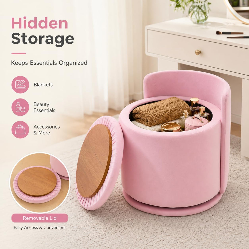 Vanity Chair with Storage and Back 360°Swivel Makeup Chair 17" D x 17" W x 20" H Soft Seat Ottoman Small Side Table Hallway Footstools for Living Room Makeup Room (Pink)