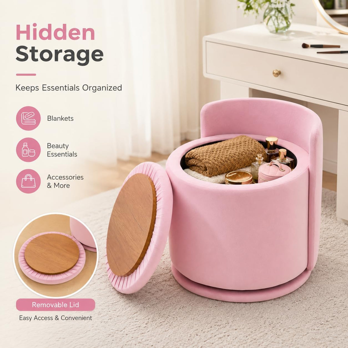 Vanity Chair with Storage and Back 360°Swivel Makeup Chair 17" D x 17" W x 20" H Soft Seat Ottoman Small Side Table Hallway Footstools for Living Room Makeup Room (Pink)